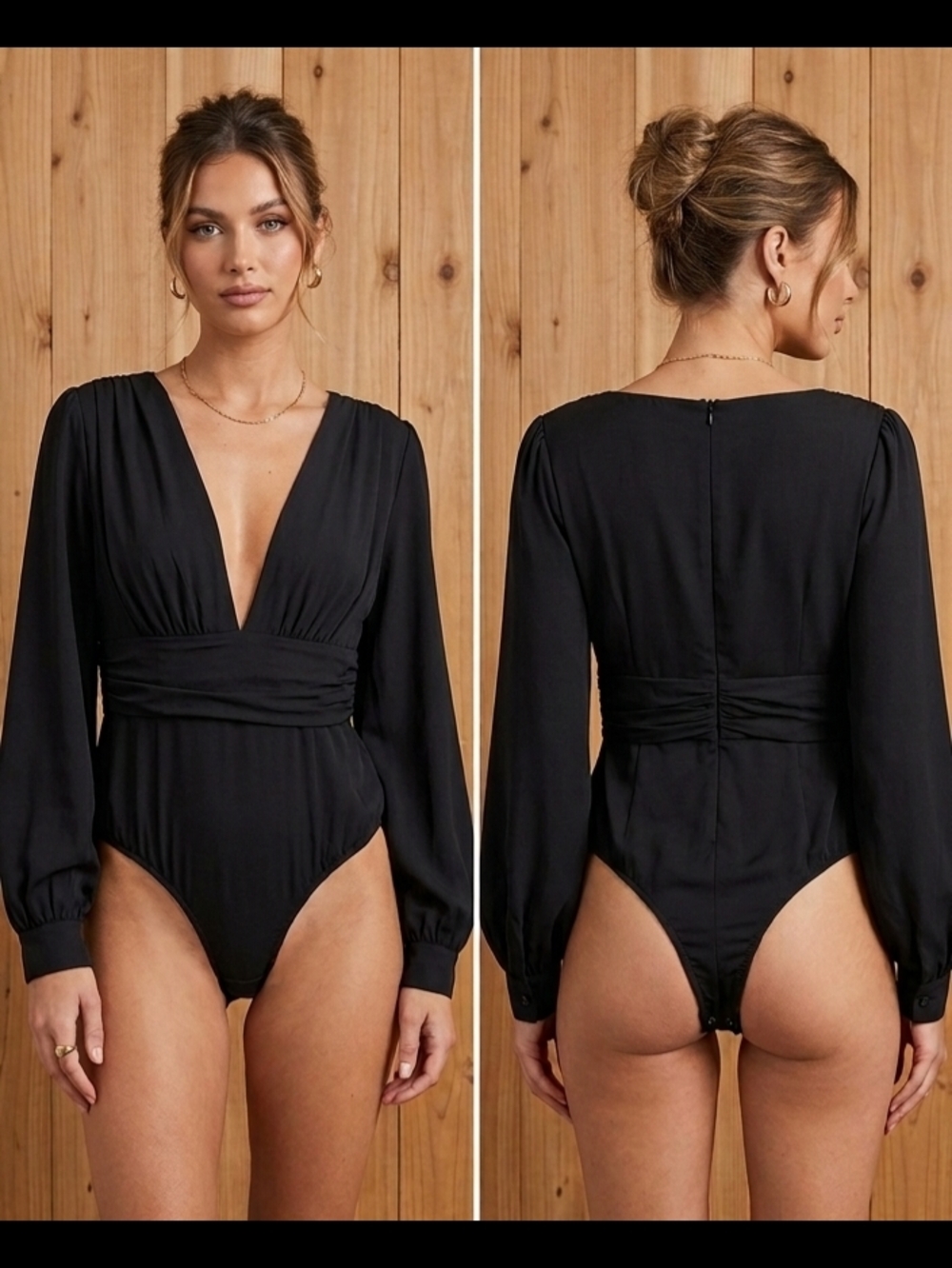 Princess Polly Black Long Sleeve Bodysuit with Gathered Waist